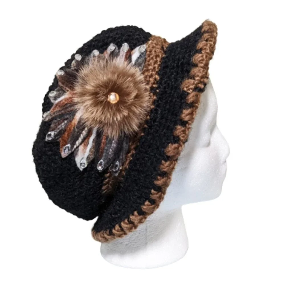 Vint. Crochet Cloche Hat w/ Embroidery and Fur Rosette